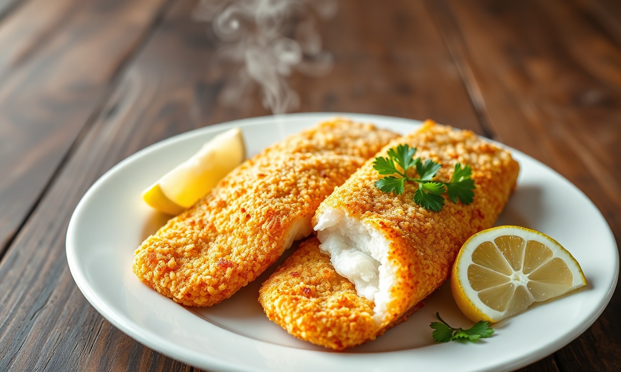 Filés de peixe dourados e estalantes, com casca de tapioca granulada, prontos para servir.