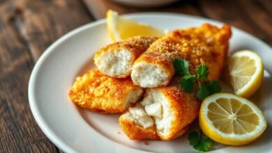 Filés dourados e crocantes fatiados sobre prato, revelando o interior branco e macio do peixe.