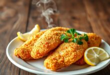 Filés de peixe com casca dourada e crocante, servidos com limão e salsa.