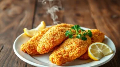 Filés de peixe com casca dourada e crocante, servidos com limão e salsa.
