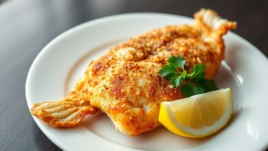 Filé de peixe dourado e crocante, inteiro e perfeito, com a textura da crosta de fubá visível.