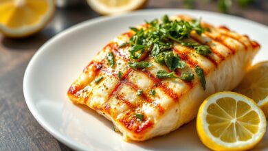 Filés de peixe branco perfeitamente grelhados com crosta dourada e molho verde vibrante