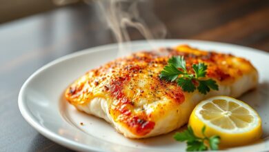 Filé de peixe dourado e crocante com tempero lemon pepper, servido com uma fatia de limão e folhas de salsa.