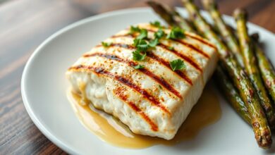 Filé de peixe branco grelhado com crosta dourada e levemente marcado pela grelha, coberto por um molho brilhante de manteiga derretida com limão e salsinha fresca, servido ao lado de legumes assados.