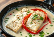 Postas de peixe branco selado, com crosta dourada, submersas parcialmente em um molho cremoso e branco de leite de coco, pontilhado com tiras vermelhas de pimentão e folhas verdes de cheiro-verde fresco.