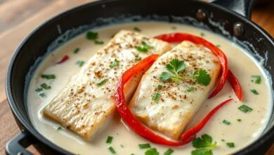 Postas de peixe branco selado, com crosta dourada, submersas parcialmente em um molho cremoso e branco de leite de coco, pontilhado com tiras vermelhas de pimentão e folhas verdes de cheiro-verde fresco.