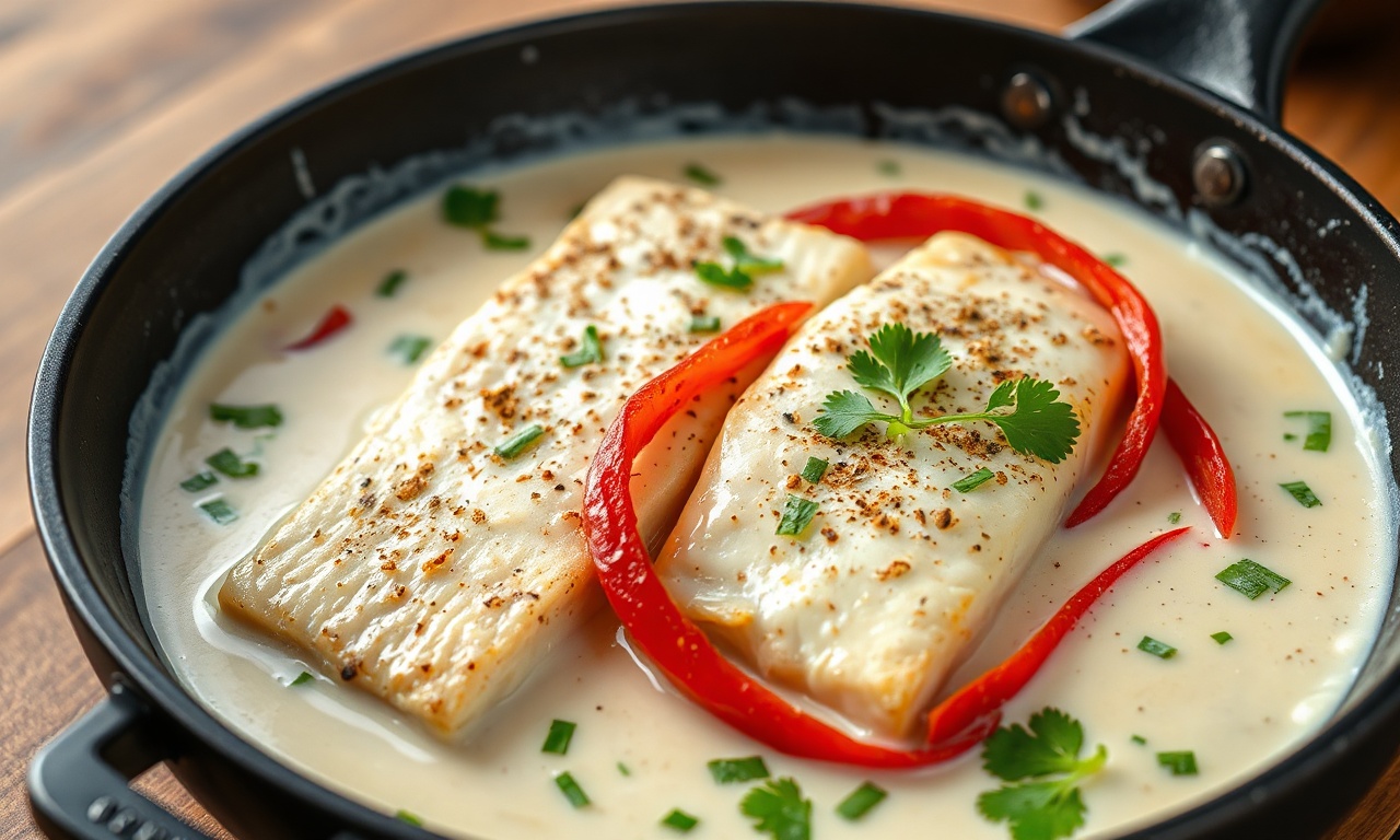 Peixe No Leite De Coco Cremoso Em 35 Min (Selado E Perfeito) 3 Postas de peixe branco selado, com crosta dourada, submersas parcialmente em um molho cremoso e branco de leite de coco, pontilhado com tiras vermelhas de pimentão e folhas verdes de cheiro-verde fresco.