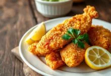 Postas de peixe palombeta com casca dourada e crocante, servidas com limão e acompanhamentos.