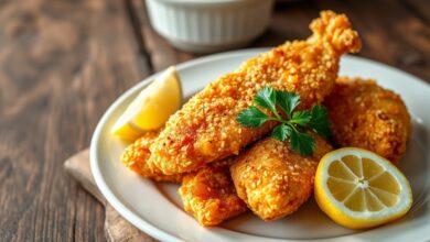 Postas de peixe palombeta com casca dourada e crocante, servidas com limão e acompanhamentos.