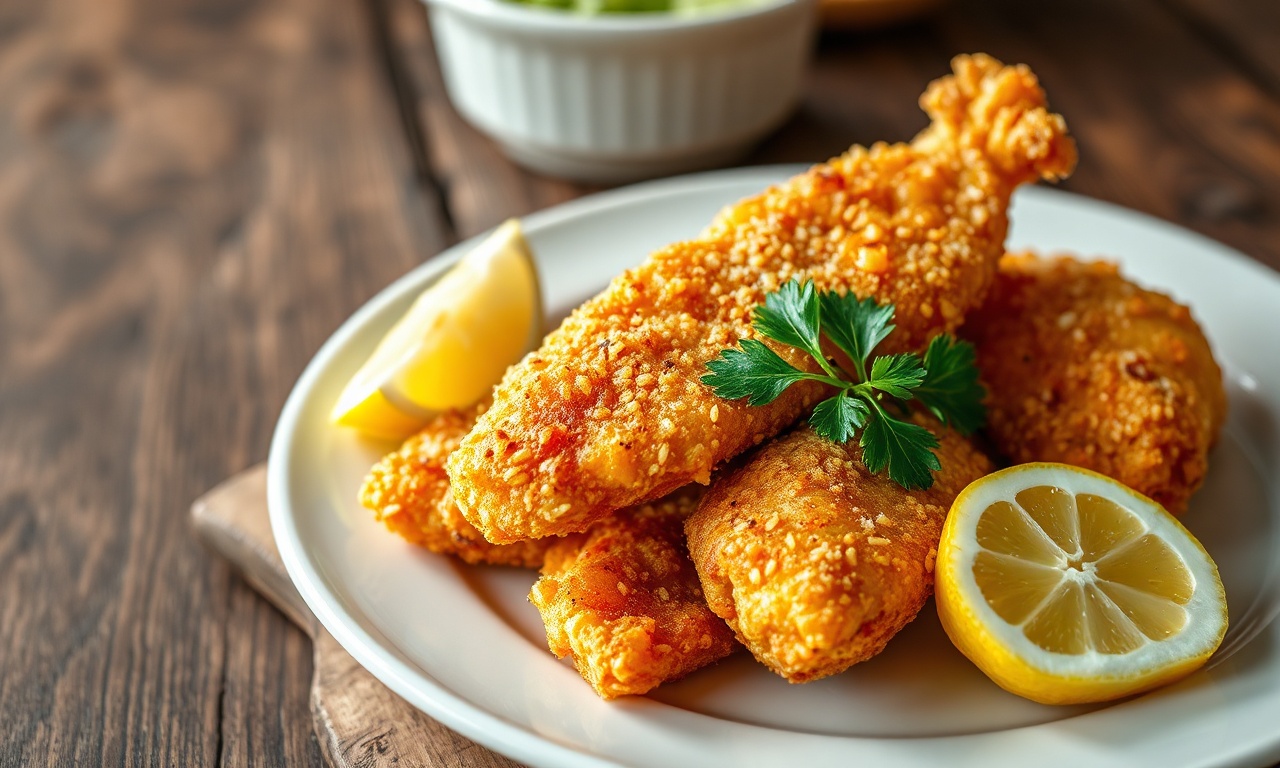 Postas de peixe palombeta com casca dourada e crocante, servidas com limão e acompanhamentos.
