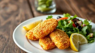 Porções de peixe empanado com crosta dourada e perfeitamente crocante, servidas com limão fresco e uma salada verde ao lado.