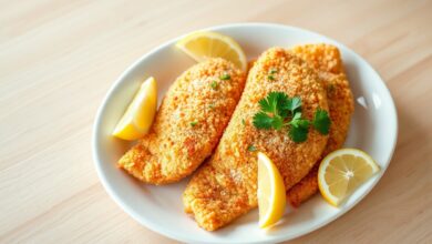 Filés de peixe empanados com casca dourada e crocante, prontos para servir.