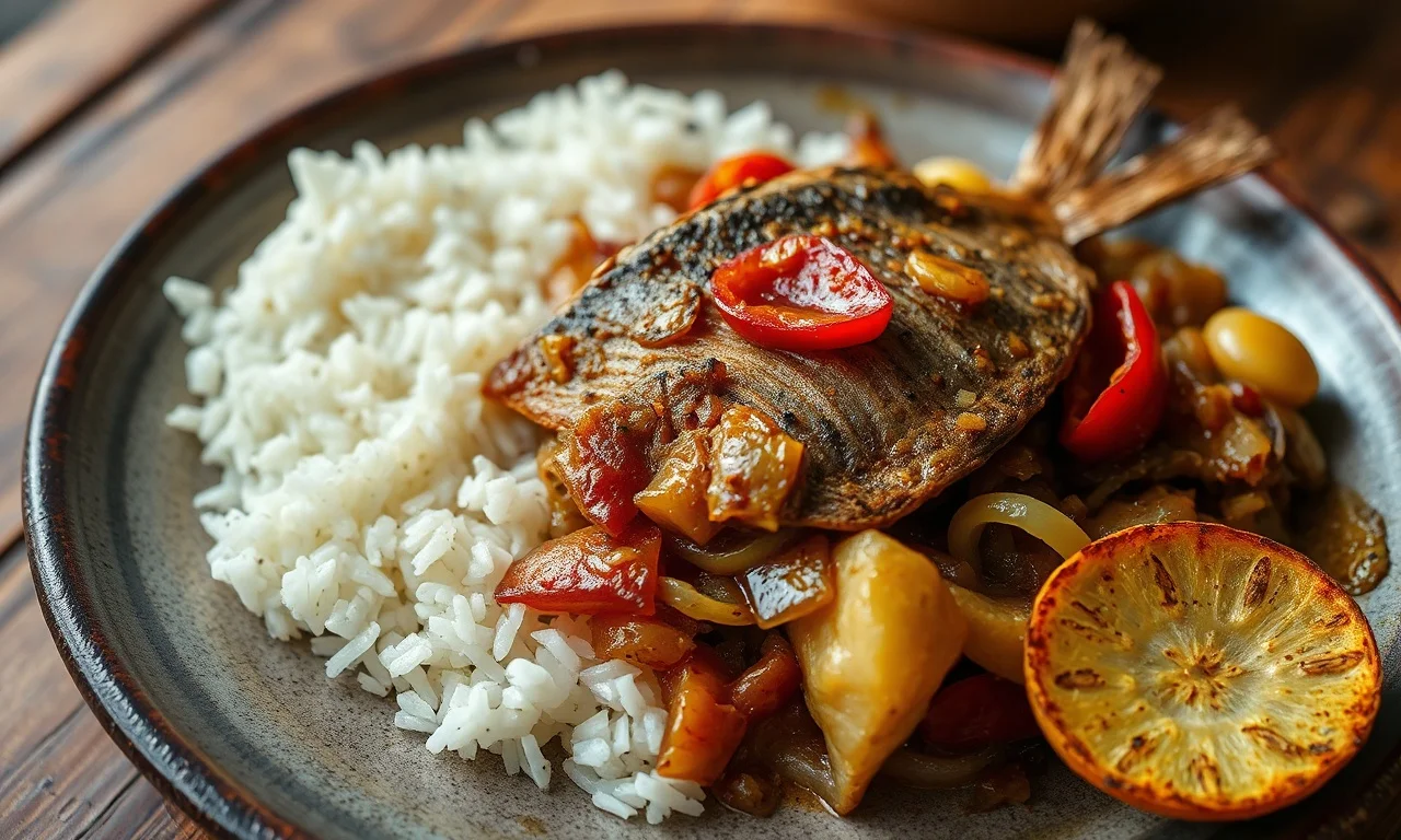 Peixe seco salgado desfiado e refogado com cebola e alho dourados no azeite, finalizado com pimenta dedo-de-moça, servido em prato de cerâmica rústico com arroz branco e farofa ao lado.