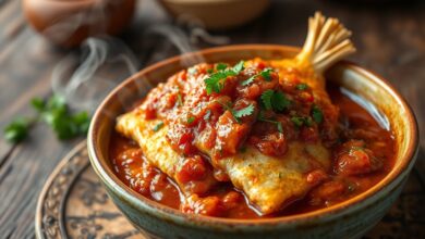 Postas de peixe dourado cobertas por caldo cremoso de tomate e cebola, servido em prato rústico.