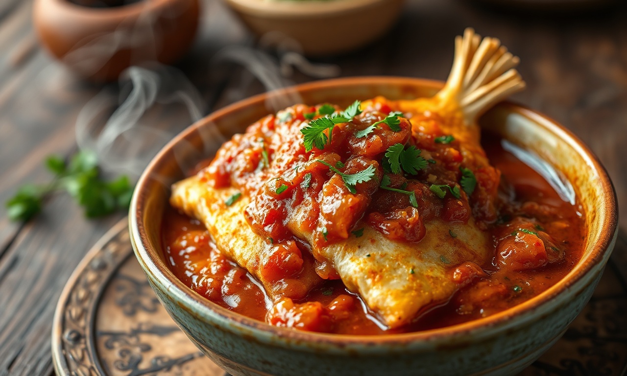 Postas de peixe dourado cobertas por caldo cremoso de tomate e cebola, servido em prato rústico.
