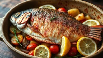 Um peixe vermelho inteiro assado, com a pele dourada e crocante, sobre uma cama de legumes, pronto para servir.