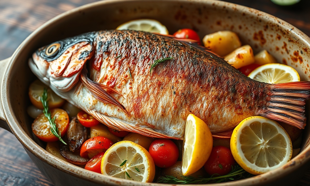 Um peixe vermelho inteiro assado, com a pele dourada e crocante, sobre uma cama de legumes, pronto para servir.