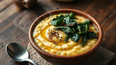 Tigela de caldo cremoso de fubá amarelo com folhas de couve verde escuras, finalizado com um fio de azeite e pimenta do reino.