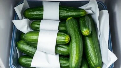 Pepinos verdes, firmes e brilhantes, acondicionados corretamente em papel toalha dentro de um recipiente hermético, prontos para durar 12 dias na geladeira.