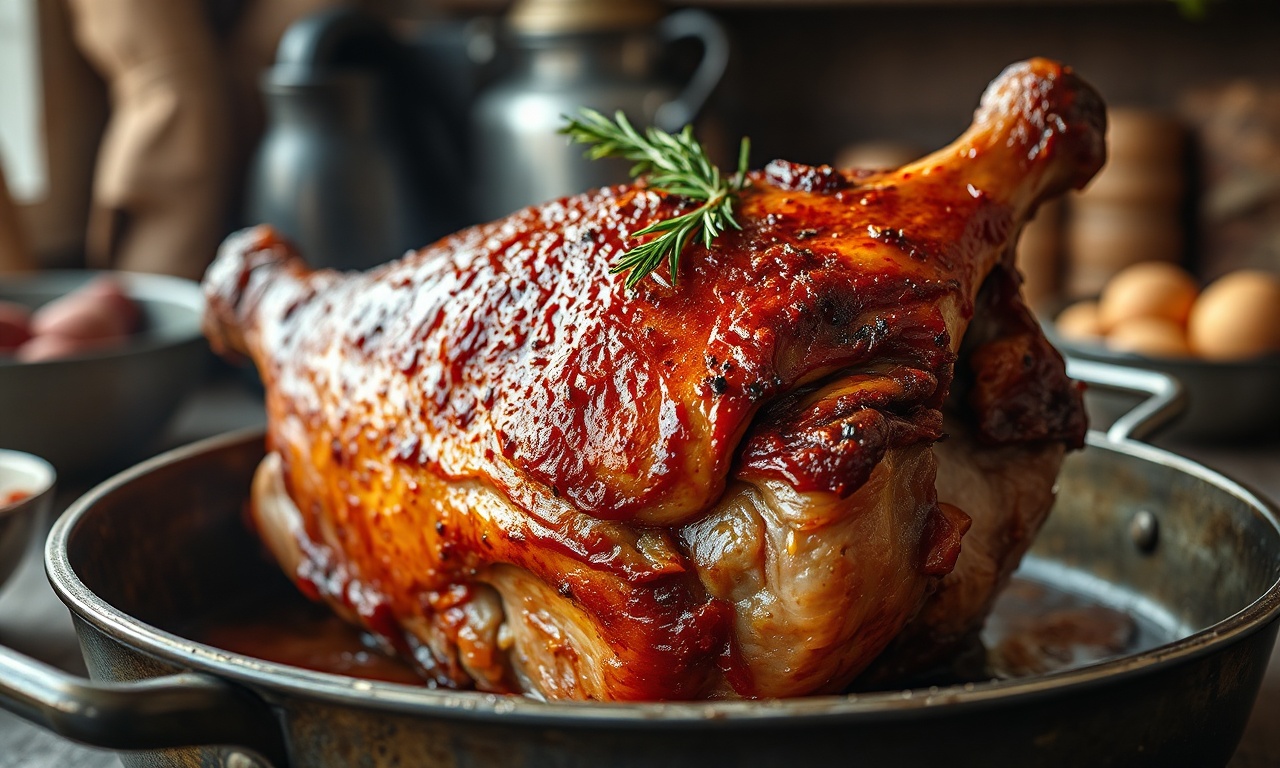 O pernil assado no forno, dourado e crocante por fora, desmanchando por dentro, pronto para servir.