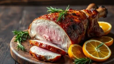 Pernil suíno assado, dourado e suculento, fatiado sobre uma tábua rústica.