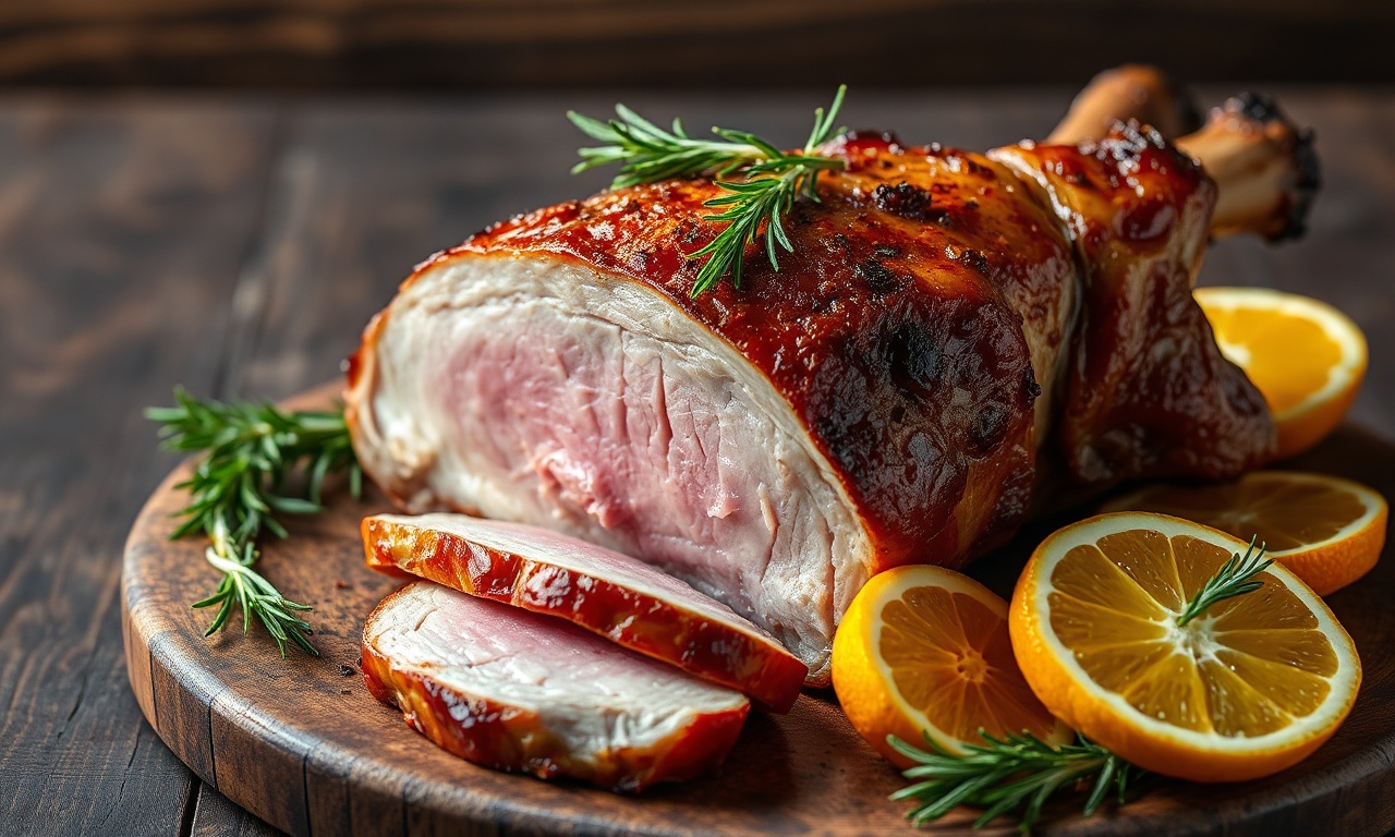 Tempero Mineiro Para Pernil: Segredo Para Carne Suculenta 3 Pernil suíno assado, dourado e suculento, fatiado sobre uma tábua rústica.