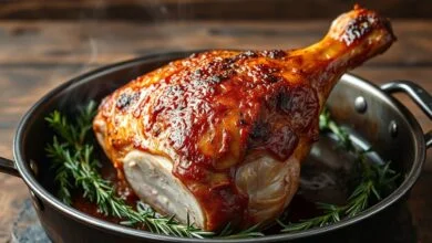 Pernil suíno com casca dourada e crocante, macio por dentro, sobre assadeira com sucos e ramos de alecrim.