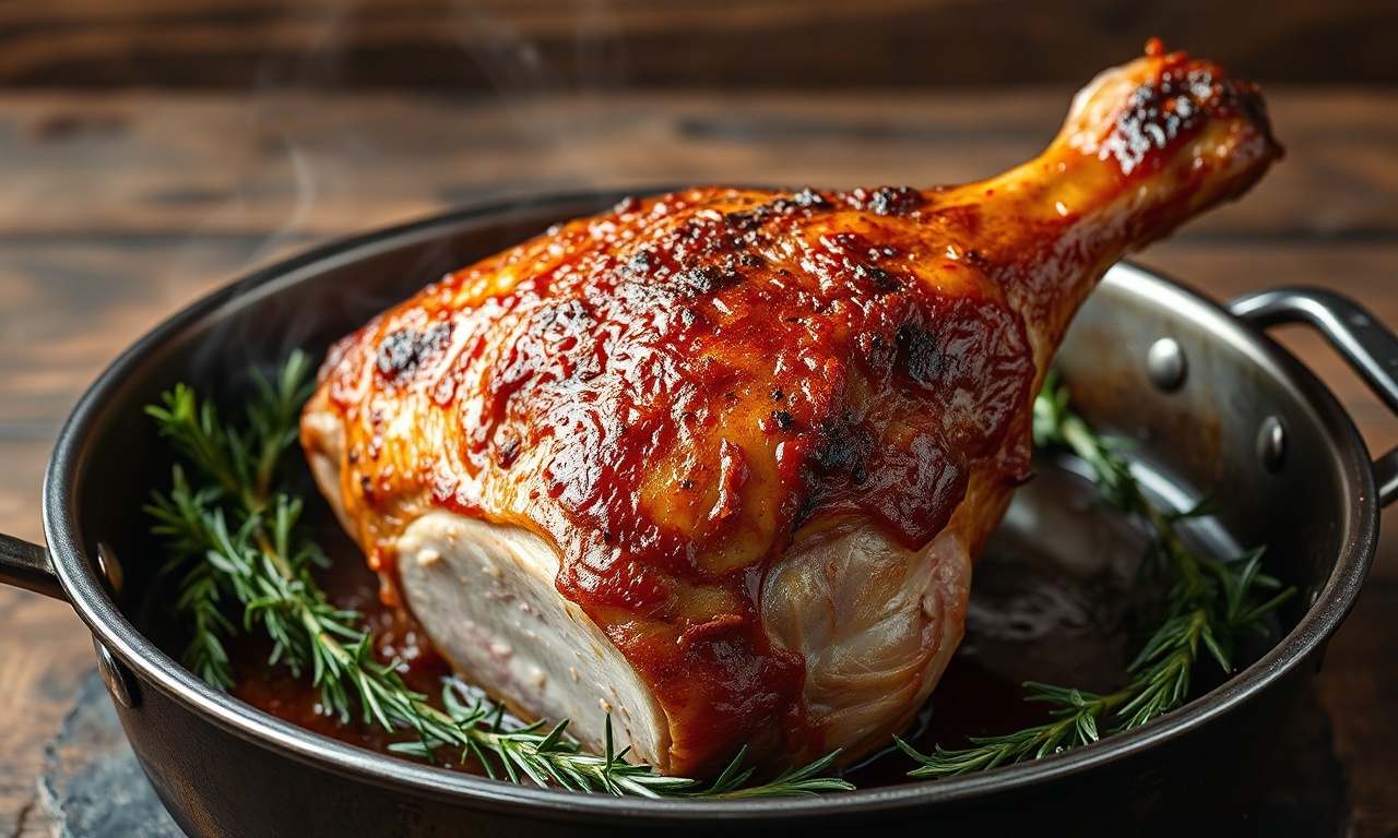 Quanto Tempo Assar Pernil No Forno: Receita Macia E Crocante 3 Pernil suíno com casca dourada e crocante, macio por dentro, sobre assadeira com sucos e ramos de alecrim.