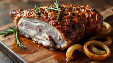O pernil assado dourado, com a pele crocante e estufada, fatiado para revelar a carne macia e suculenta.