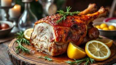 Pernil assado inteiro com pele dourada e crocante, decorado com ervas e fatias de limão
