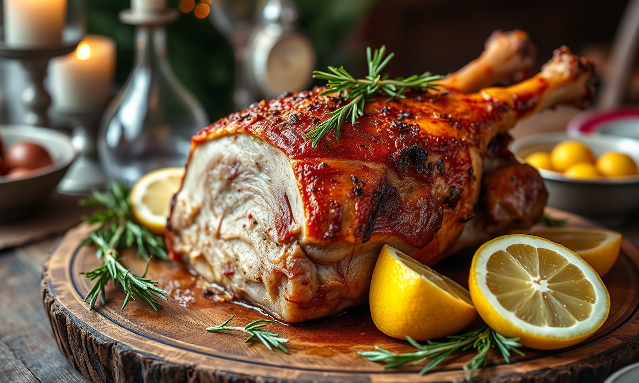 Pernil assado inteiro com pele dourada e crocante, decorado com ervas e fatias de limão