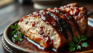 Fatias generosas de pernil de porco com pele dourada e crocante, regadas com um molho escuro, servidas em um prato rústico.