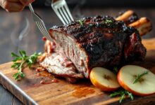 Um pernil de porco defumado inteiro, com uma crosta escura e craquelada (bark), desfiado parcialmente, revelando a carne macia e suculenta, servido em uma tábua de madeira rústica.