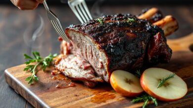 Um pernil de porco defumado inteiro, com uma crosta escura e craquelada (bark), desfiado parcialmente, revelando a carne macia e suculenta, servido em uma tábua de madeira rústica.