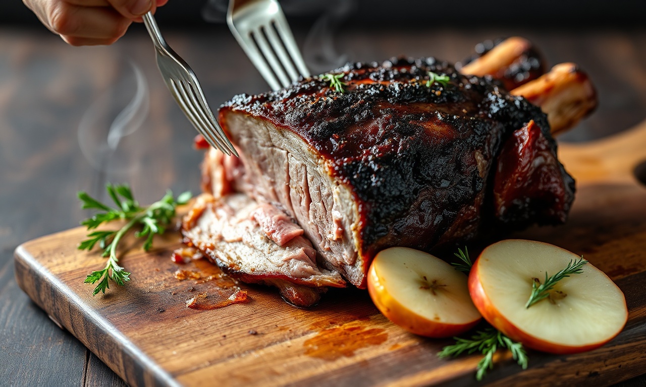 Defumar Pernil De Porco: Macio E Desfiante Em Passos Simples 3 Um pernil de porco defumado inteiro, com uma crosta escura e craquelada (bark), desfiado parcialmente, revelando a carne macia e suculenta, servido em uma tábua de madeira rústica.