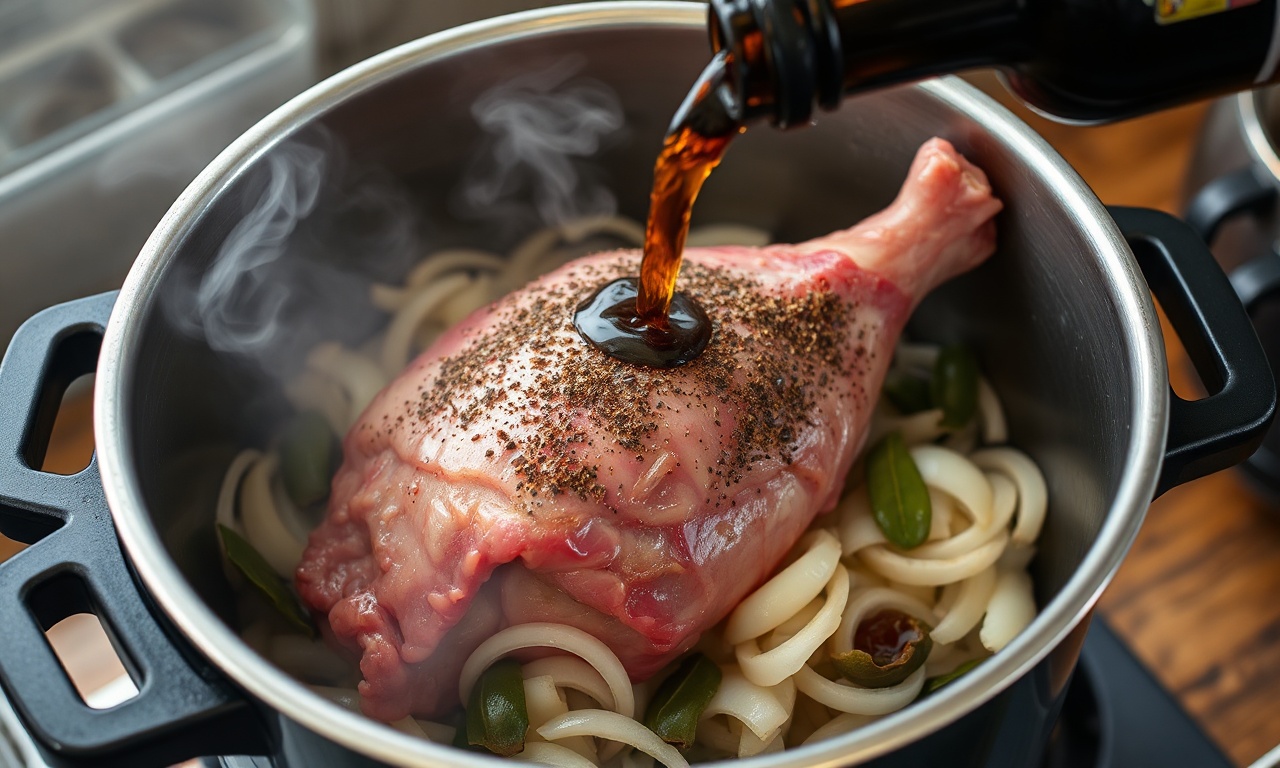 O momento em que o pernil é colocado na panela com a cerveja preta e cebolas.