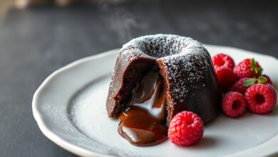 Bolo individual de chocolate com casca firme e centro cremoso escorrendo ao ser aberto, servido em prato branco.