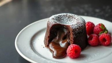 Bolinho de chocolate quente com casquinha firme e dourada, cortado ao meio para revelar o centro cremoso e líquido escorrendo, acompanhado de frambuesas frescas.