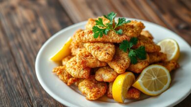 Peixes dourados com casca estaladiça, servidos com limão fatiado.
