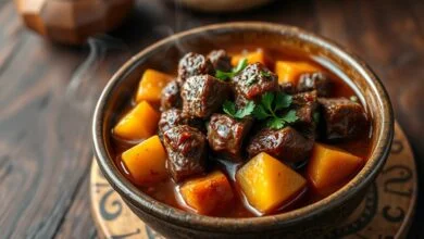 Um prato rústico e reconfortante com cubos de acém dourados e macios, flutuando em um molho encorpado com batatas e cenouras, finalizado com salsinha fresca picada.