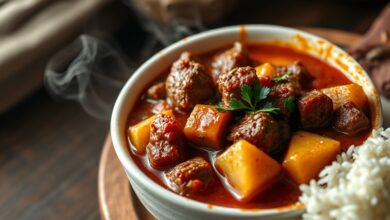 Ensopado de cubos de carne macia em molho de tomate espesso, com pedaços de batata, finalizado com salsinha fresca.
