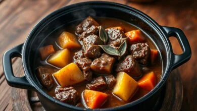 Um picadinho de carne saboroso em uma panela de ferro, com cubos de carne macia e dourada, pedaços de batata e cenoura, coberto por um molho encorpado e brilhante, com folhas de louro visíveis.