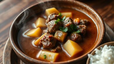 Tigela fumegante de picadinho com cubos de carne dourada, pedaços macios de mandioca e caldo encorpado, finalizado com salsinha fresca.