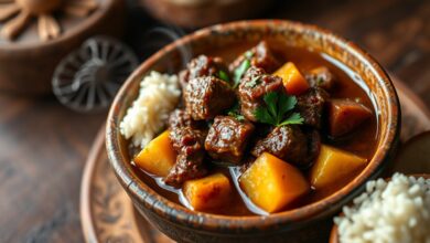 Cubos de carne dourados e macios em um caldo encorpado com batatas e cenouras, finalizado com salsinha fresca.