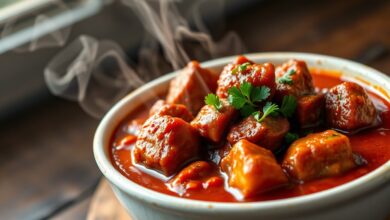 Cubos de contrafilé macios e dourados envoltos em molho de tomate encorpado e brilhante, finalizados com salsinha fresca picada.