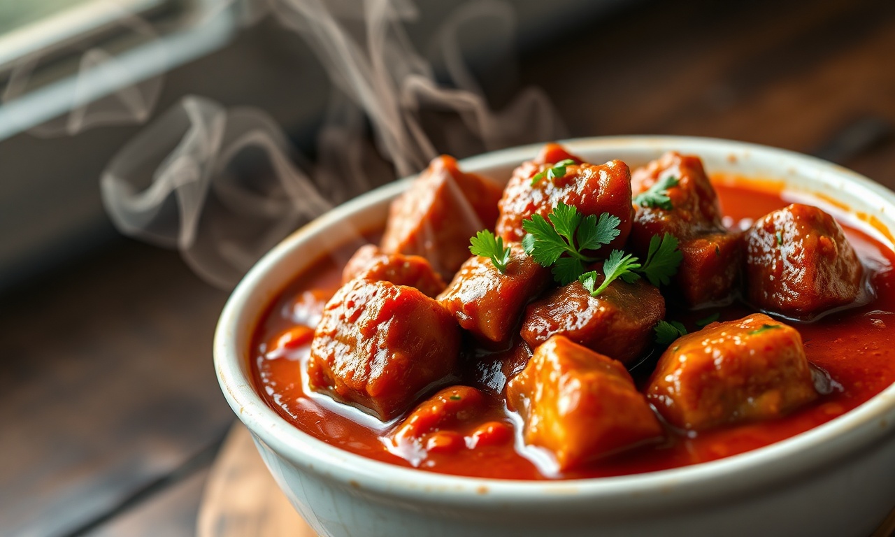 Cubos de contrafilé macios e dourados envoltos em molho de tomate encorpado e brilhante, finalizados com salsinha fresca picada.