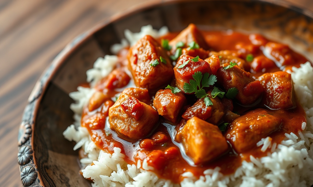Cubos de porco dourados e macios, envoltos em molho de tomate encorpado, finalizados com salsinha fresca. Um prato reconfortante e apetitoso.