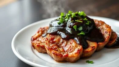 Fatias de picanha selada com crosta dourada, cobertas por um molho madeira encorpado e brilhante, finalizadas com salsinha fresca.