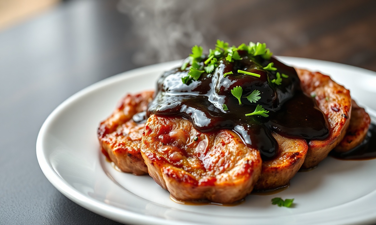 Fatias de picanha selada com crosta dourada, cobertas por um molho madeira encorpado e brilhante, finalizadas com salsinha fresca.