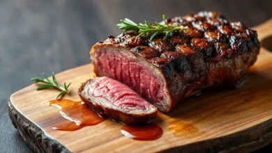 Picanha assada no forno com casca dourada e crocante, fatiada sobre uma tábua de madeira, revelando o interior rosado e suculento.